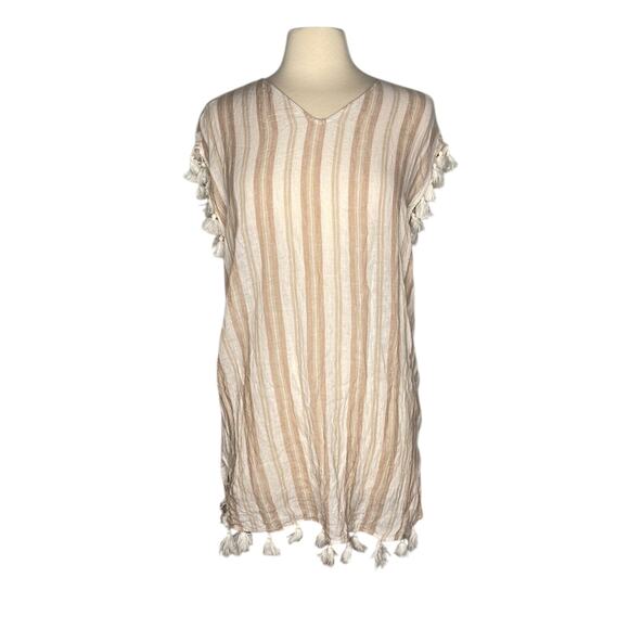 Beige White Vertical Stripe VNeck Cover Up Tasel Sleeves and Bottom K11 - Picture 1 of 10